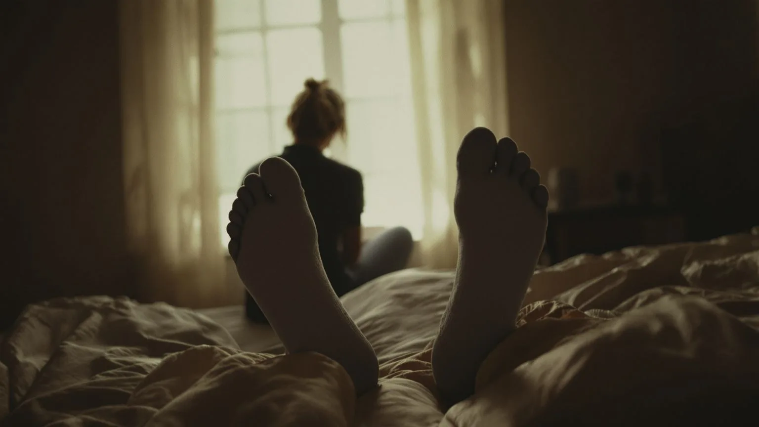 Person sitting contemplatively on bed edge in morning light, exploring ego tricks vs true intuition signals through quiet reflection