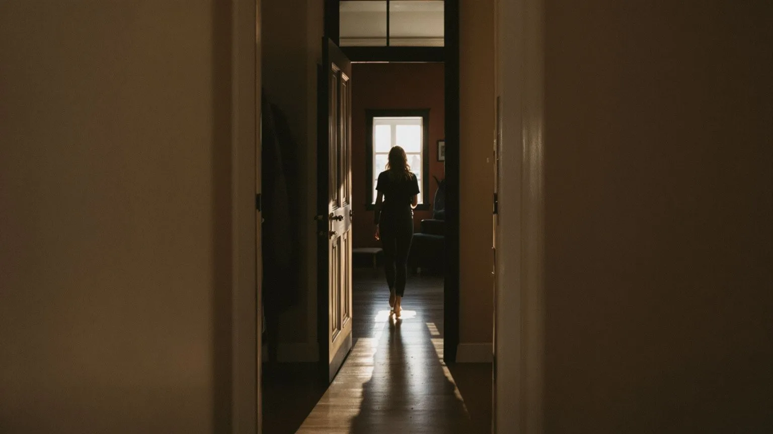 Person walking slowly between rooms from behind, moving through spiritual transition and growth