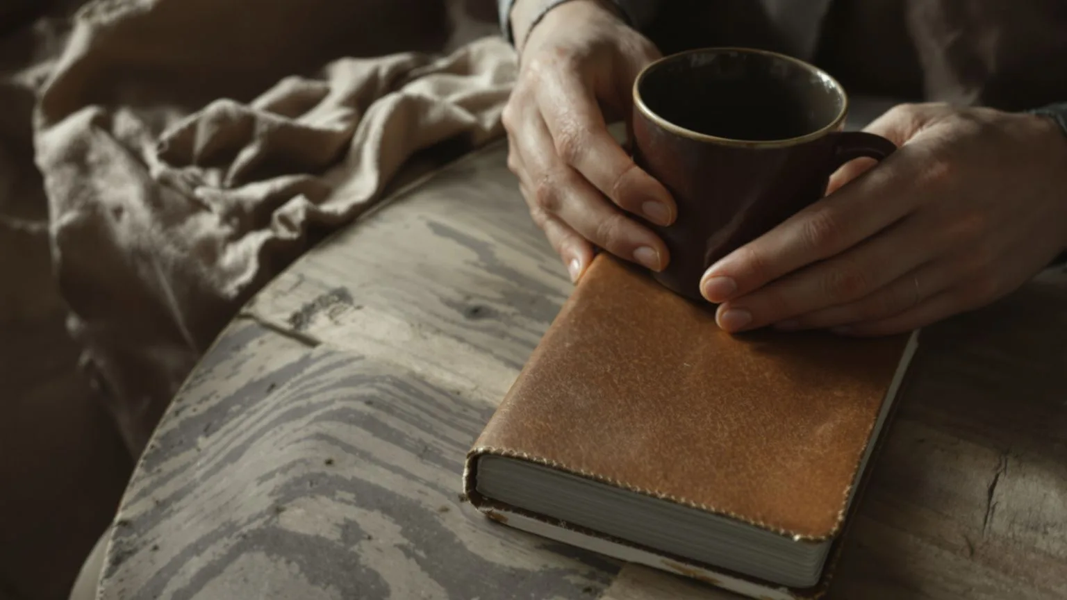Worn journal and ceramic mug on wooden table, objects of quiet reflection for spiritual searching