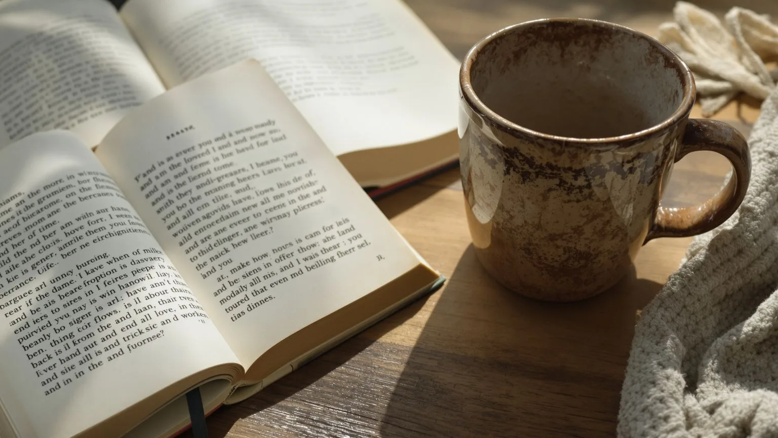 Worn book and ceramic mug on wooden table representing spiritual depression vs clinical depression contemplation