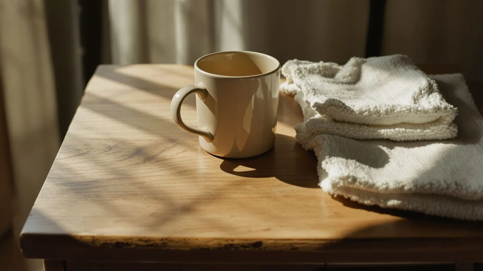 Close-up of wooden nightstand with ceramic mug, representing quiet nighttime body awareness practice