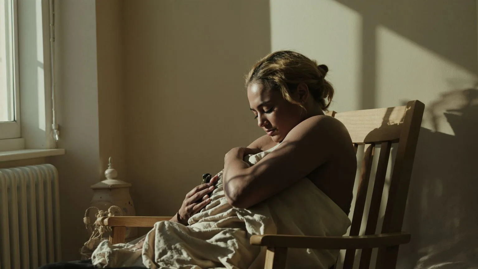 Person in wooden chair with eyes closed, arms wrapped around self, staying present after somatic yoga