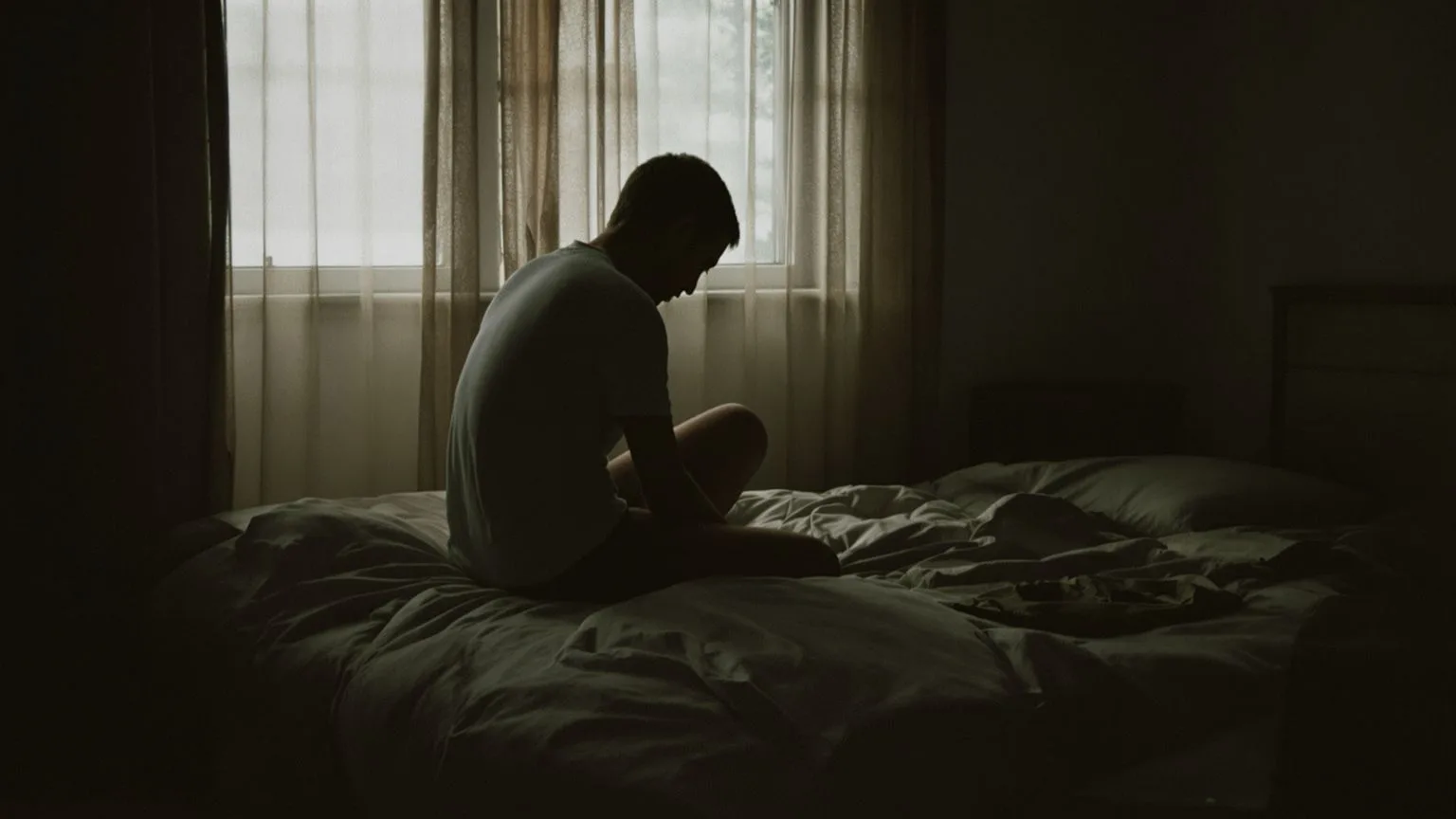 Person sitting quietly on bed edge in morning light, contemplating somatic release yoga practice