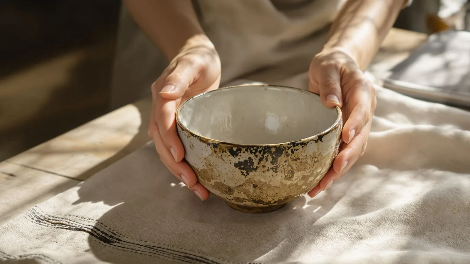 Ceramic bowl on wooden table in natural light, representing changes after spiritual body safety practice