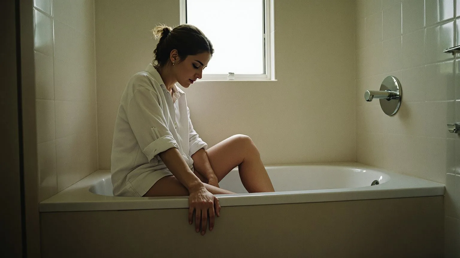 Person sitting quietly on bathtub edge in contemplation about spiritual practice and feeling safe in body