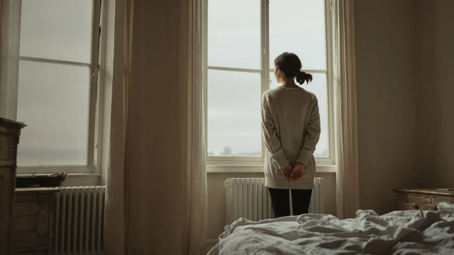 Person standing at window contemplating spiritual practice and body safety, viewed from behind in natural light