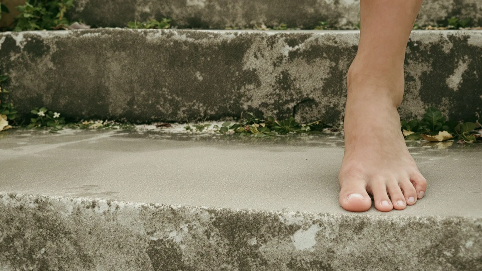 Bare feet hesitating on stone steps showing body bracing while spiritual practices calm the mind Bare feet hesitating on stone steps showing body bracing while spiritual practices calm the mind