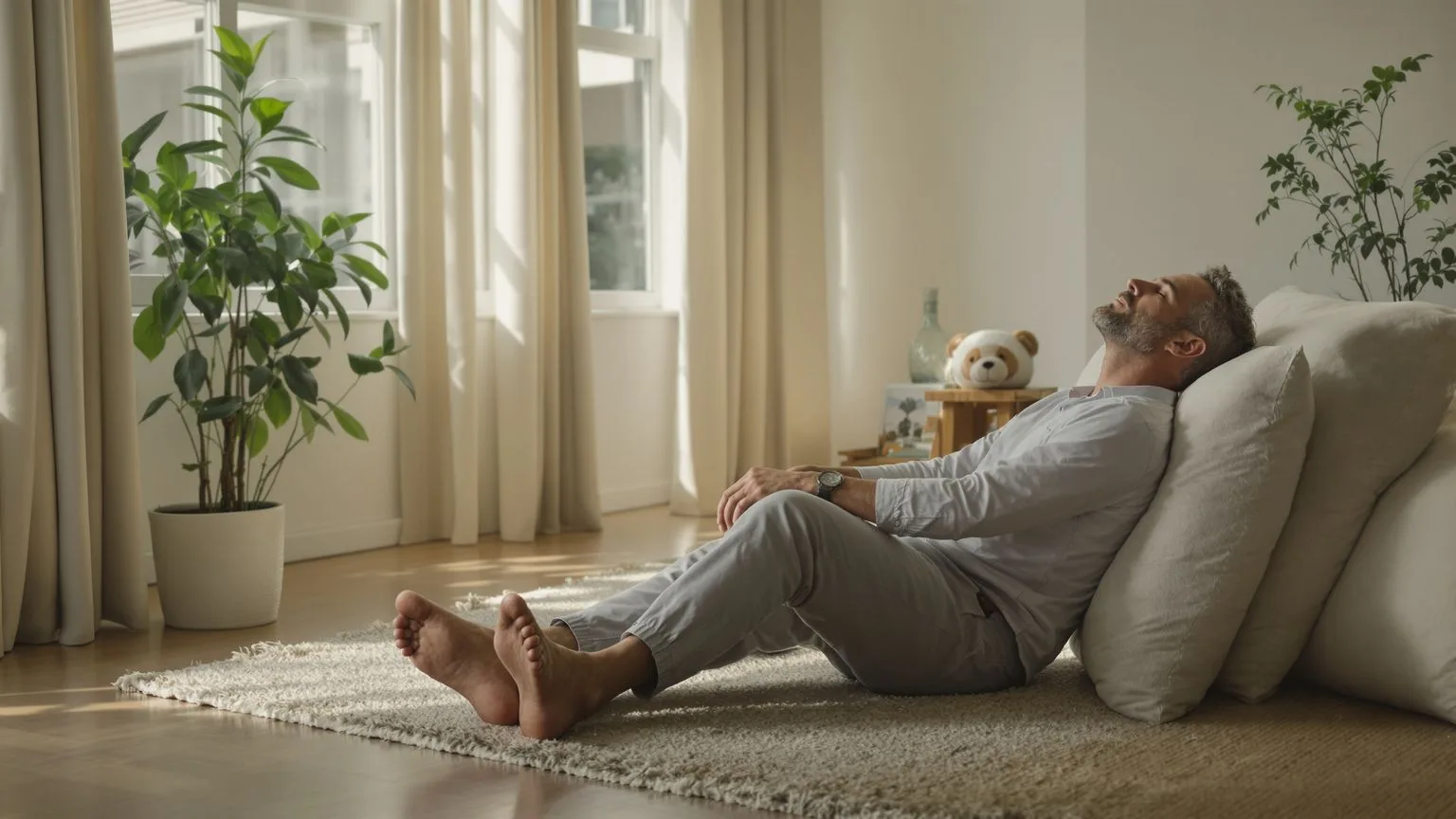 Man sitting on floor with palms down and eyes closed showing nervous system relief after long-term b Man sitting on floor with palms down and eyes closed showing nervous system relief after long-term bypassing