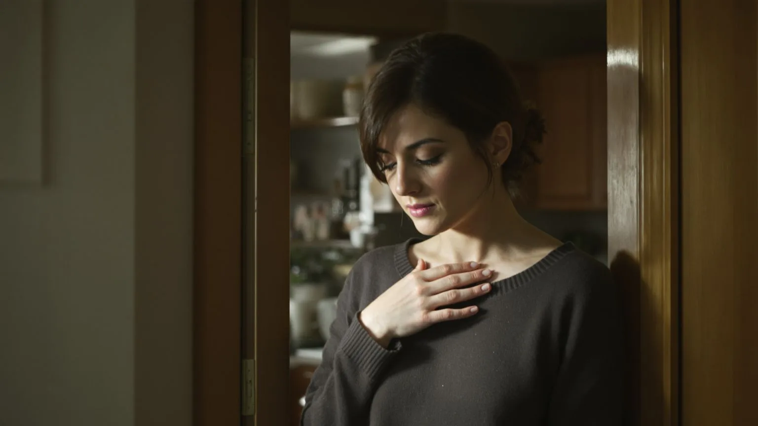 Woman pausing in a kitchen doorway hand on collarbone after one week of body-first practice Woman pausing in a kitchen doorway hand on collarbone after one week of body-first practice