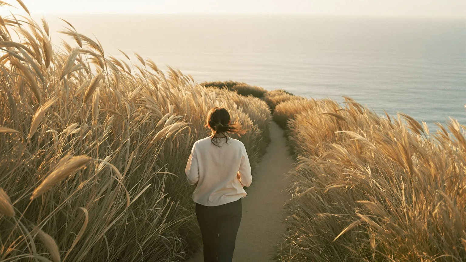 Woman walking a coastal path with braced shoulders, illustrating spiritual bypassing nervous system Woman walking a coastal path with braced shoulders, illustrating spiritual bypassing nervous system tension
