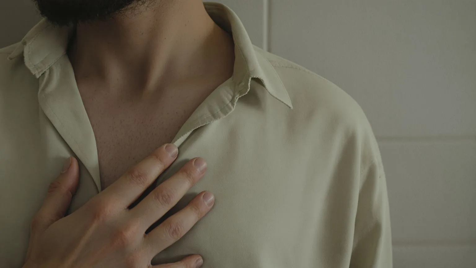 Close-up of tense chest and hand on sternum showing what your body may be doing during anxious medit Close-up of tense chest and hand on sternum showing what your body may be doing during anxious meditation