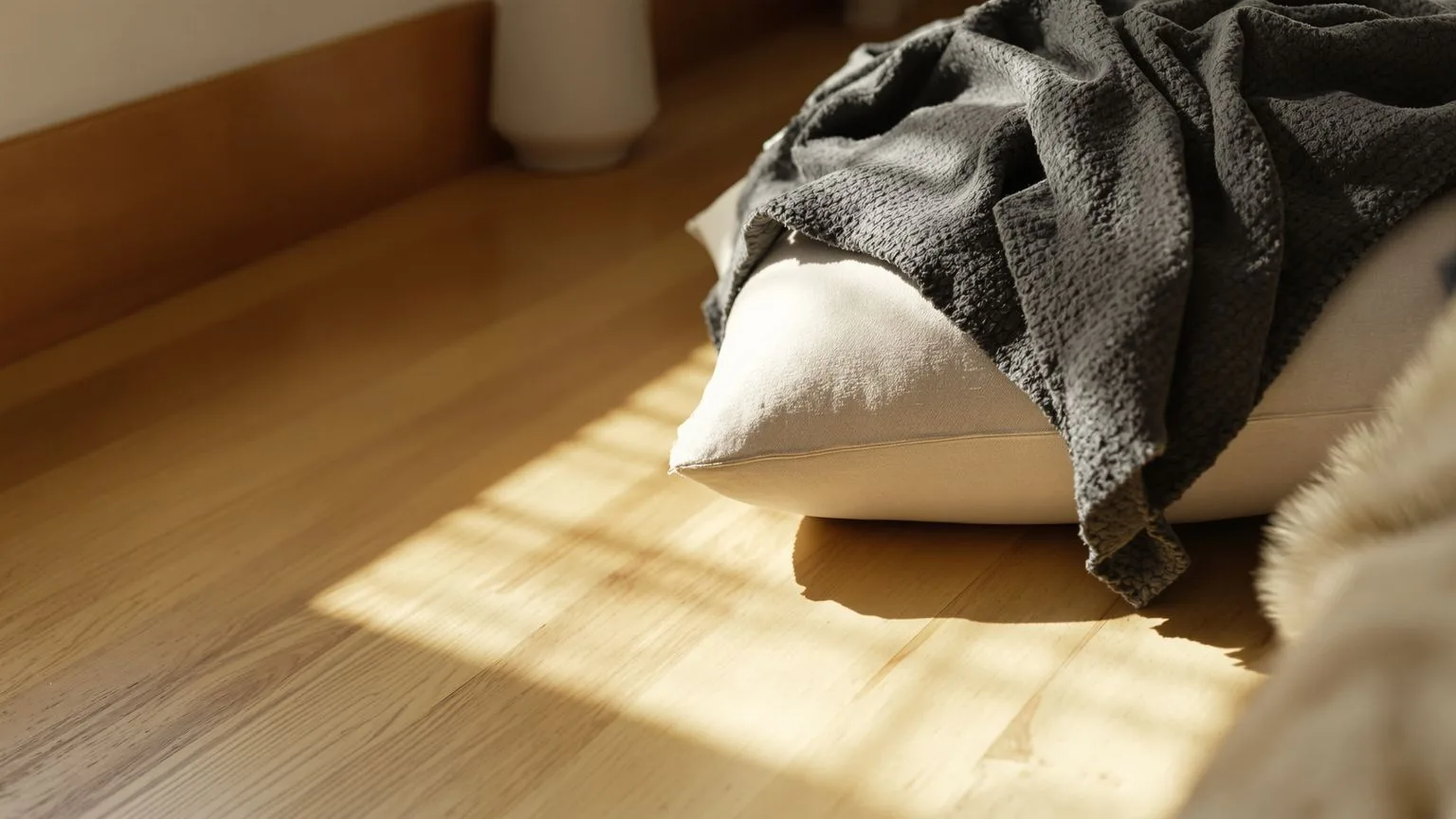 Folded scarf on pillow and blanket on wooden floor prepared for an 8-minute body-first reset tonight Folded scarf on pillow and blanket on wooden floor prepared for an 8-minute body-first reset tonight