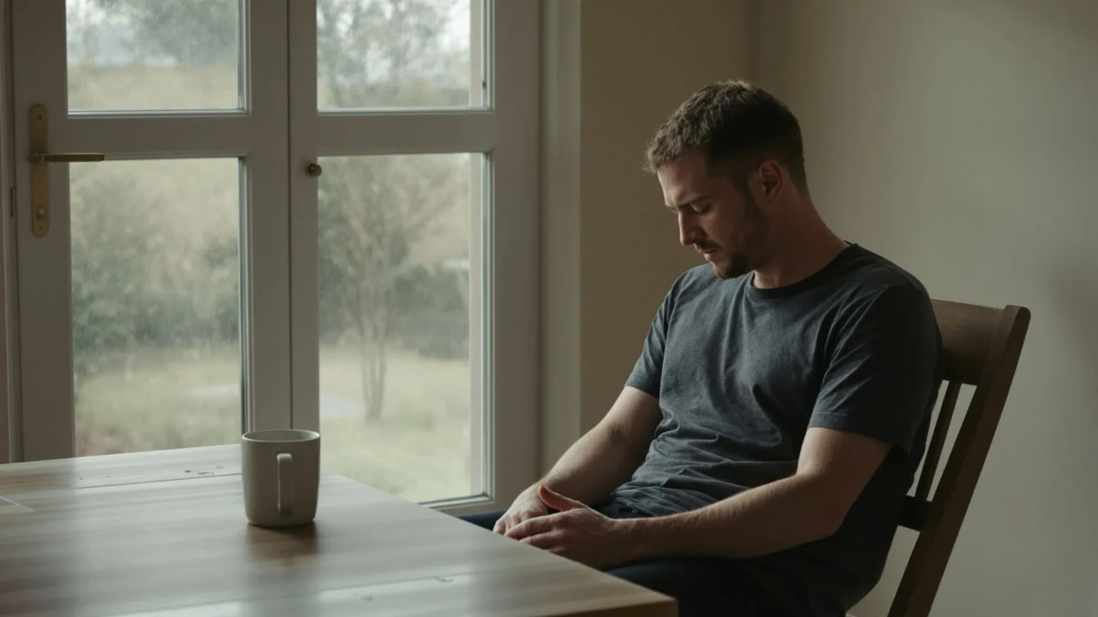 Man seated in kitchen with head bowed and palms down showing what changes when you practice body-fir Man seated in kitchen with head bowed and palms down showing what changes when you practice body-first awareness