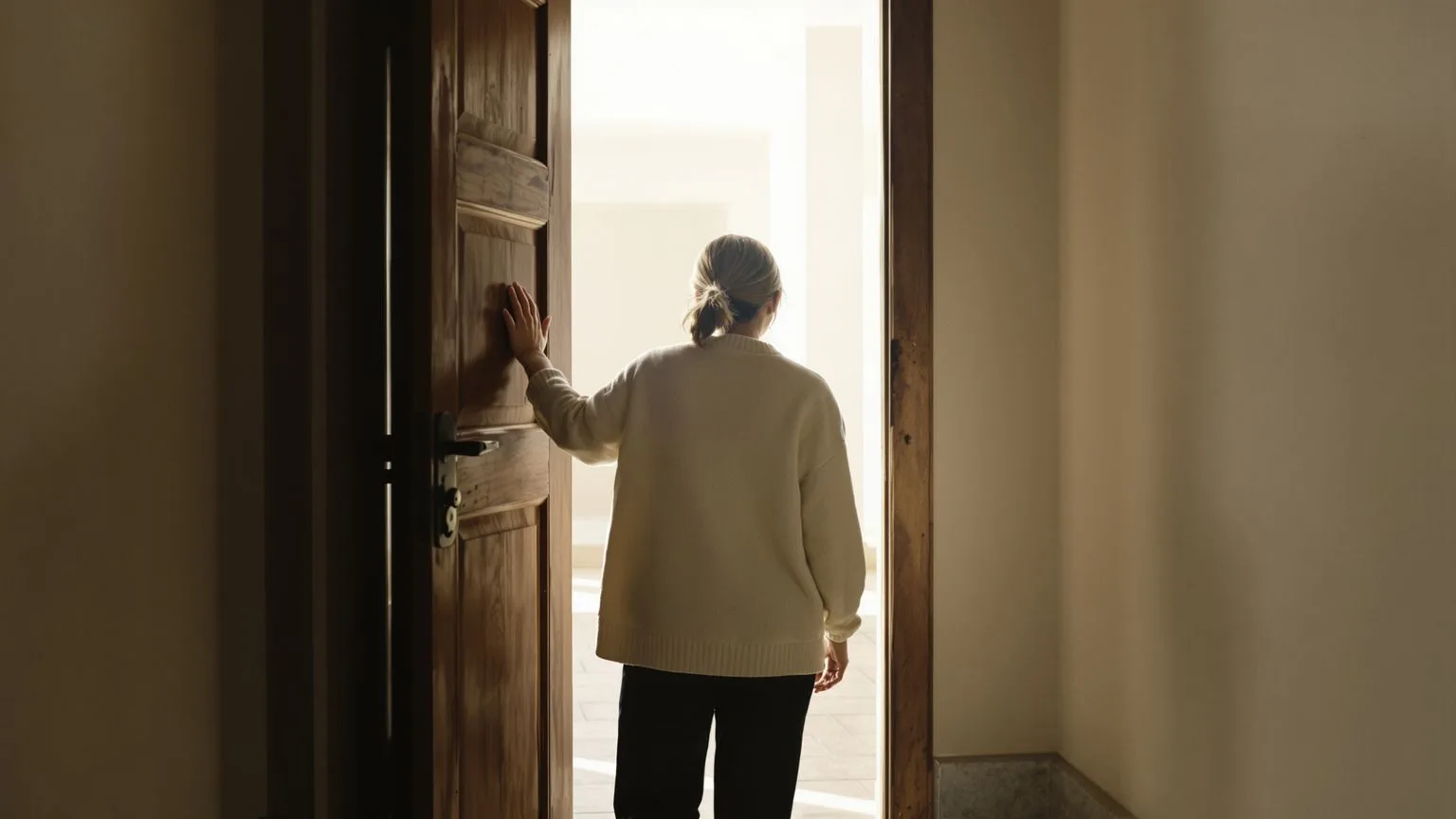 Woman standing relaxed in sunlit doorway illustrating what quietly keeps the meditation anxiety cycl Woman standing relaxed in sunlit doorway illustrating what quietly keeps the meditation anxiety cycle going