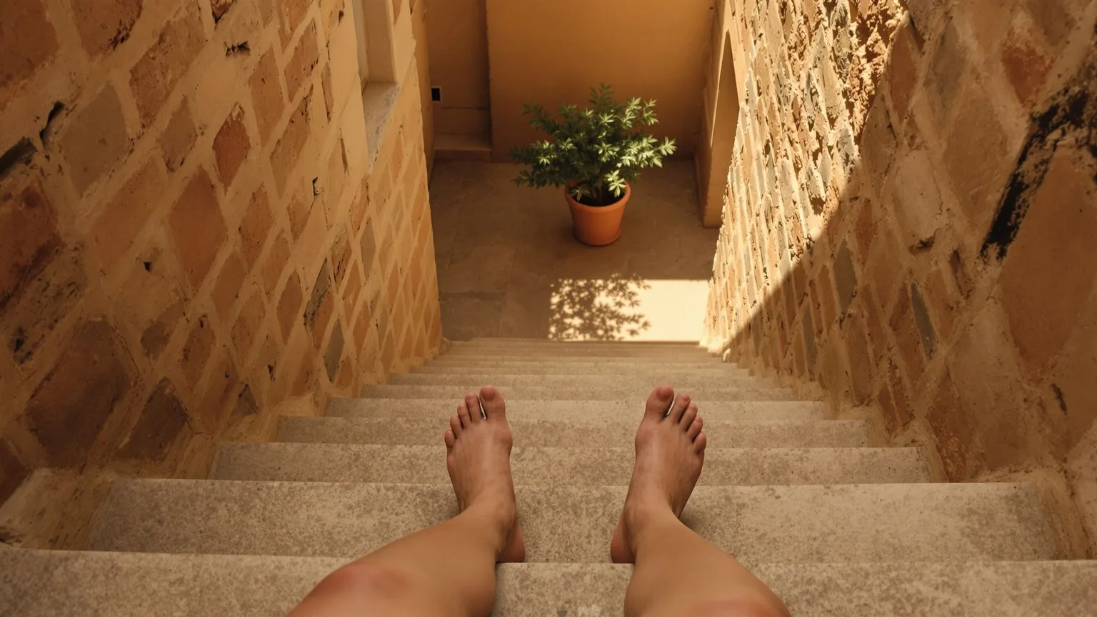 Bare feet paused at the top of sunlit stone steps representing the next step toward surrender