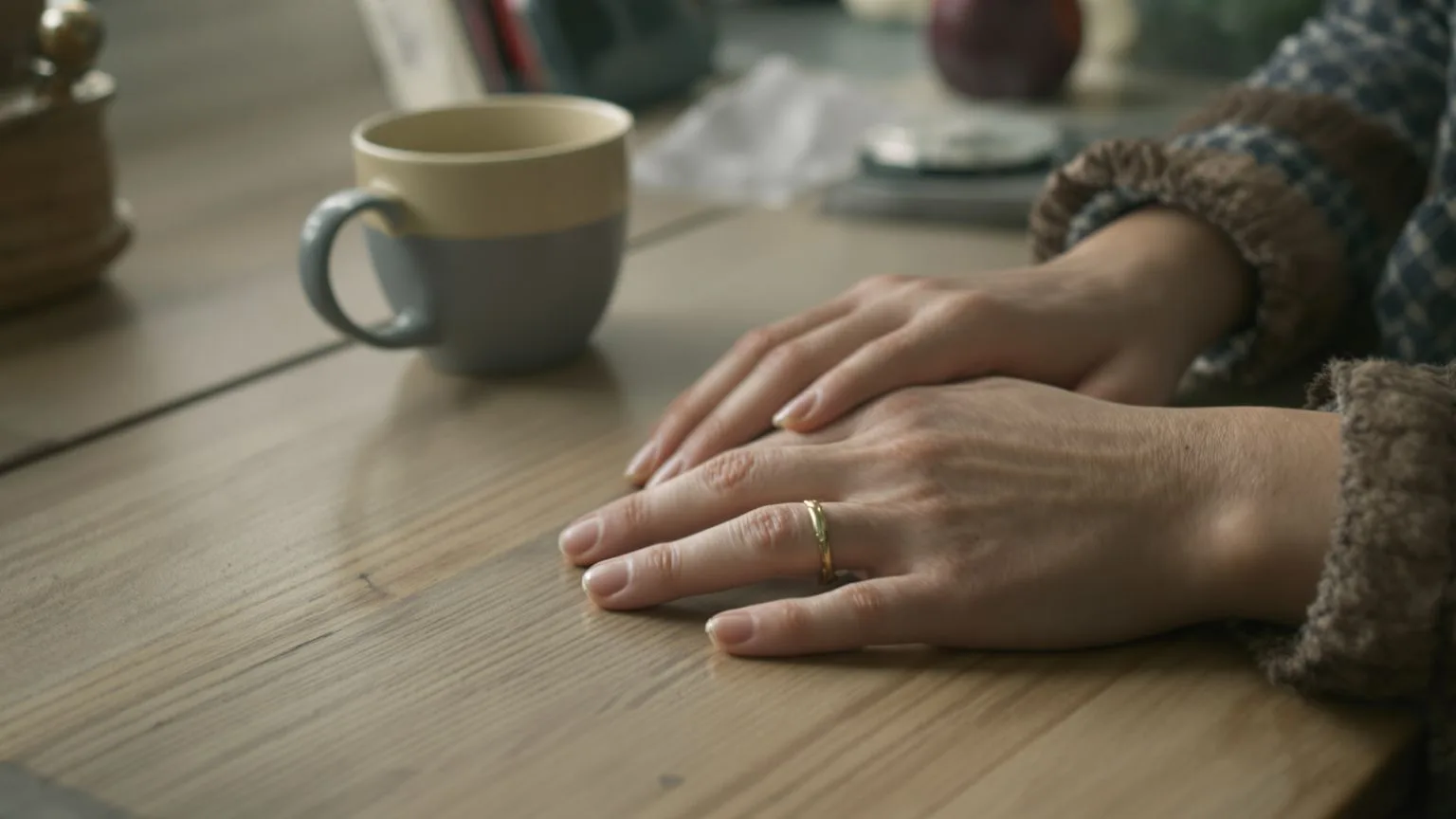 Close-up of relaxed hands resting on wooden table during a body-based letting go process