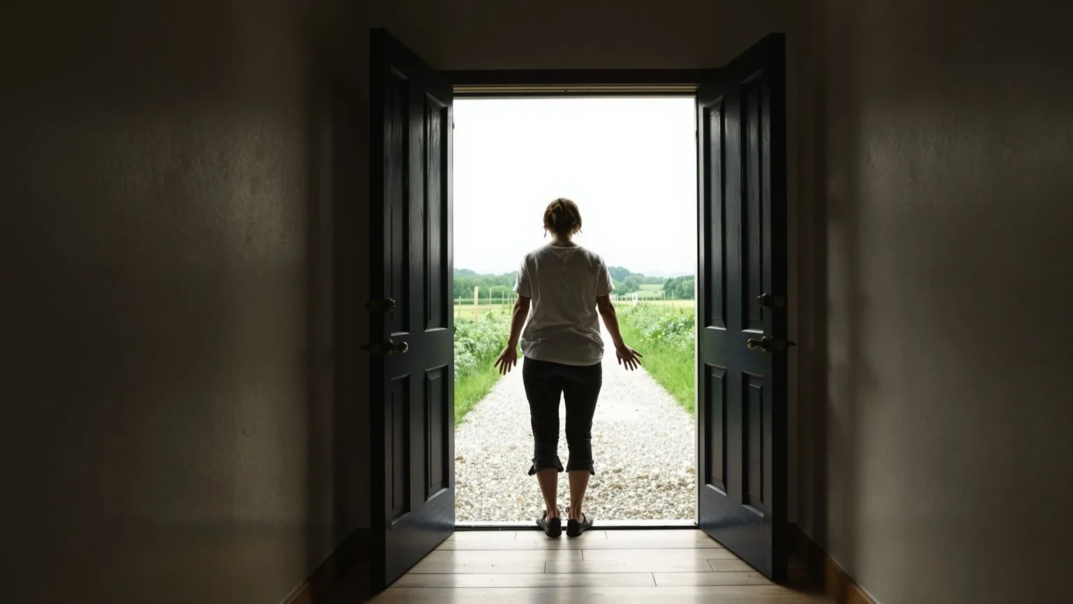 Woman standing in open farmhouse doorway facing a path forward, surrender as participation not passivity