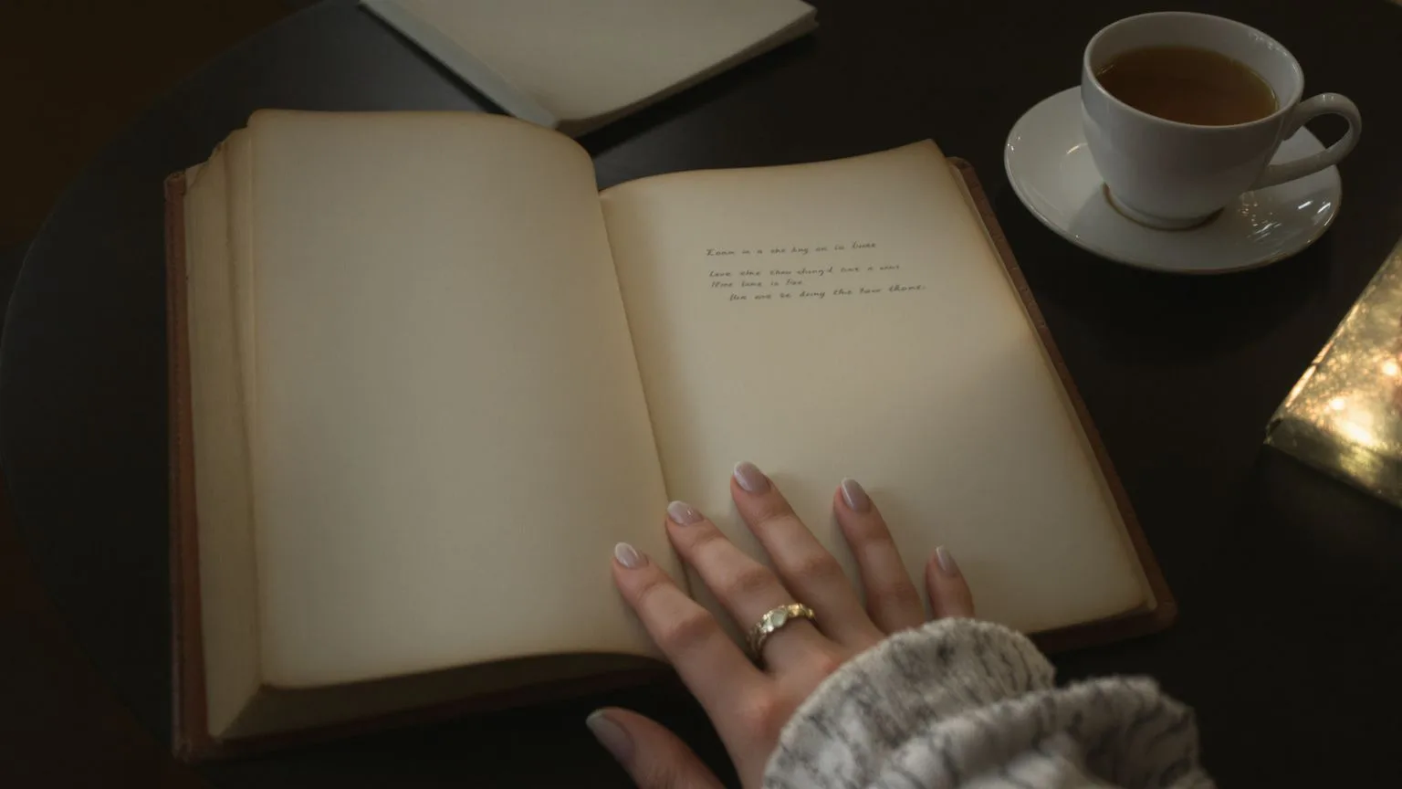 Woman's hand resting near open journal and cold tea showing the repeating pattern of low self worth