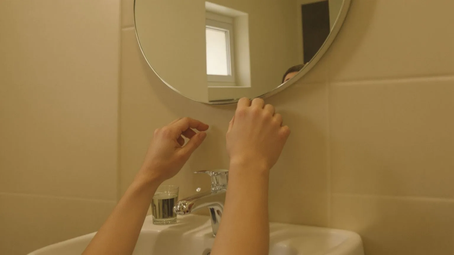 Hands gripping bathroom sink with mirror reflection showing a 12-minute reset for emotionally drained symptoms