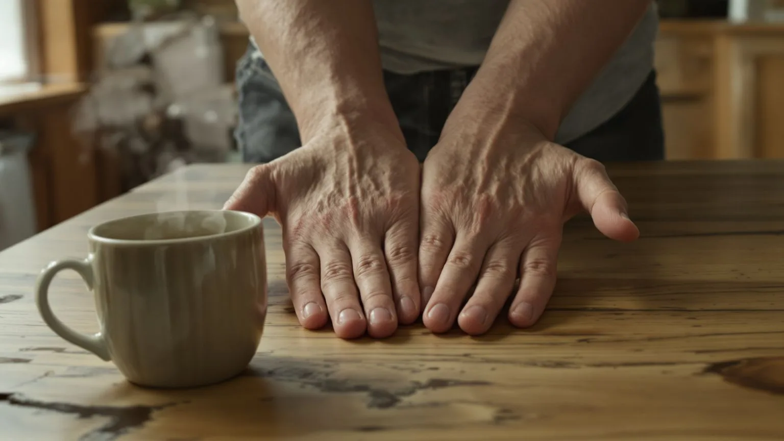Hands resting on wooden table beside untouched mug showing hidden symptoms of emotional drain