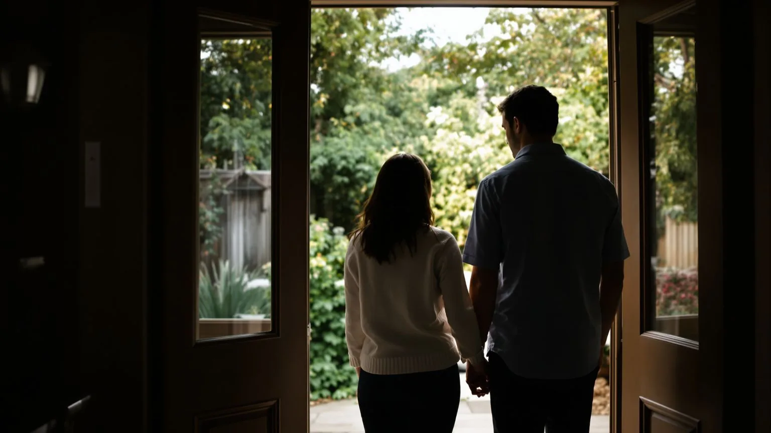 Two people standing quietly in a doorway showing what shifts after one honest step with emotional drain