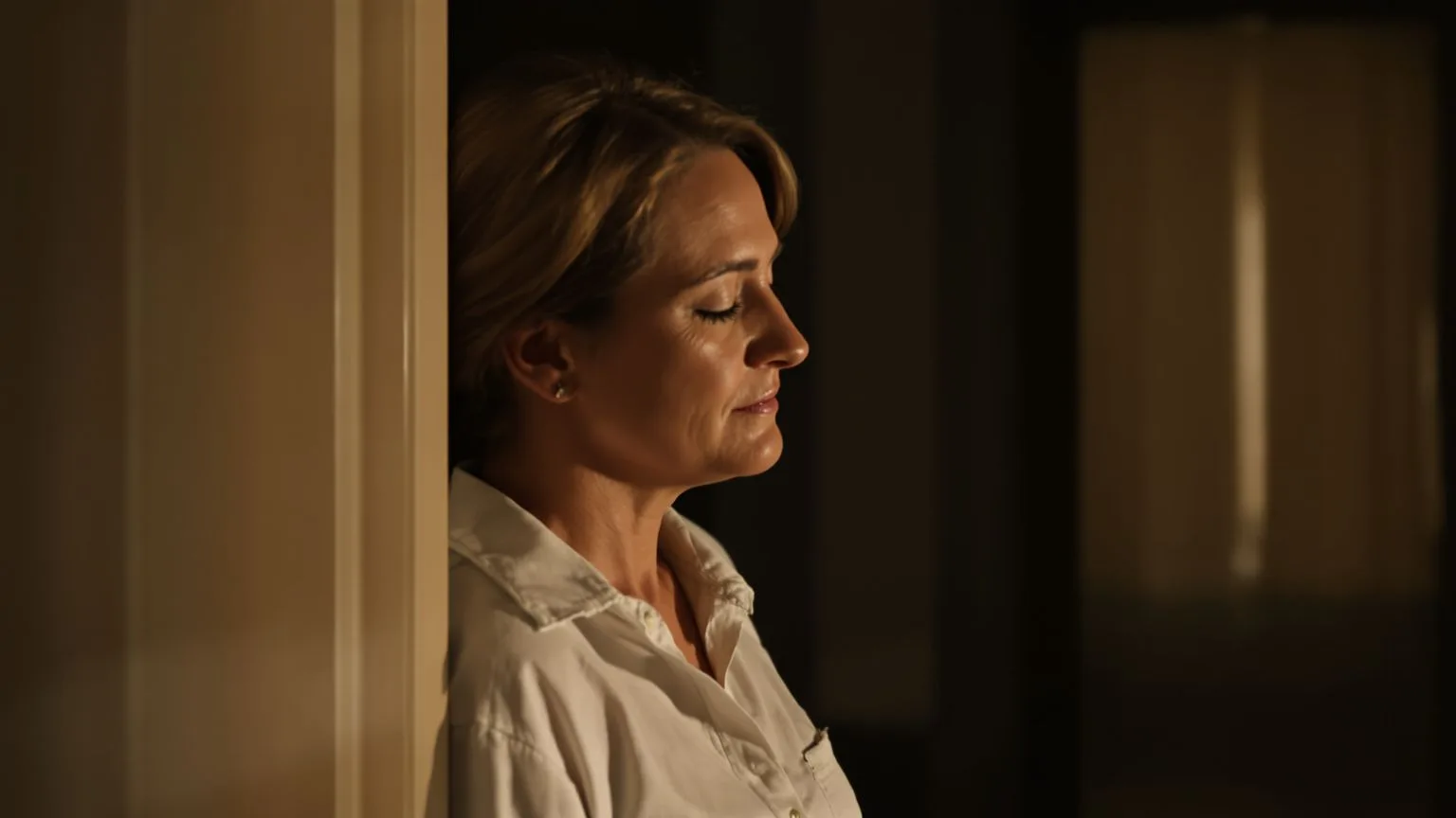 Woman leaning against doorframe with eyes closed showing signs of being tired of being strong