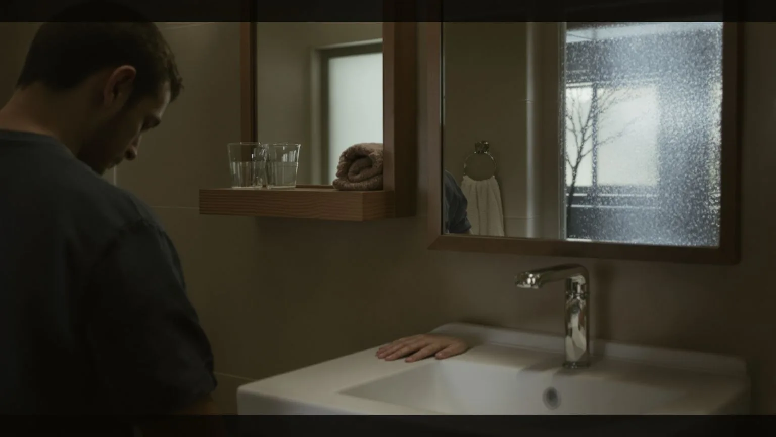 Man at bathroom sink with hands on basin edge reflecting on a clear step for tonight stillness practice
