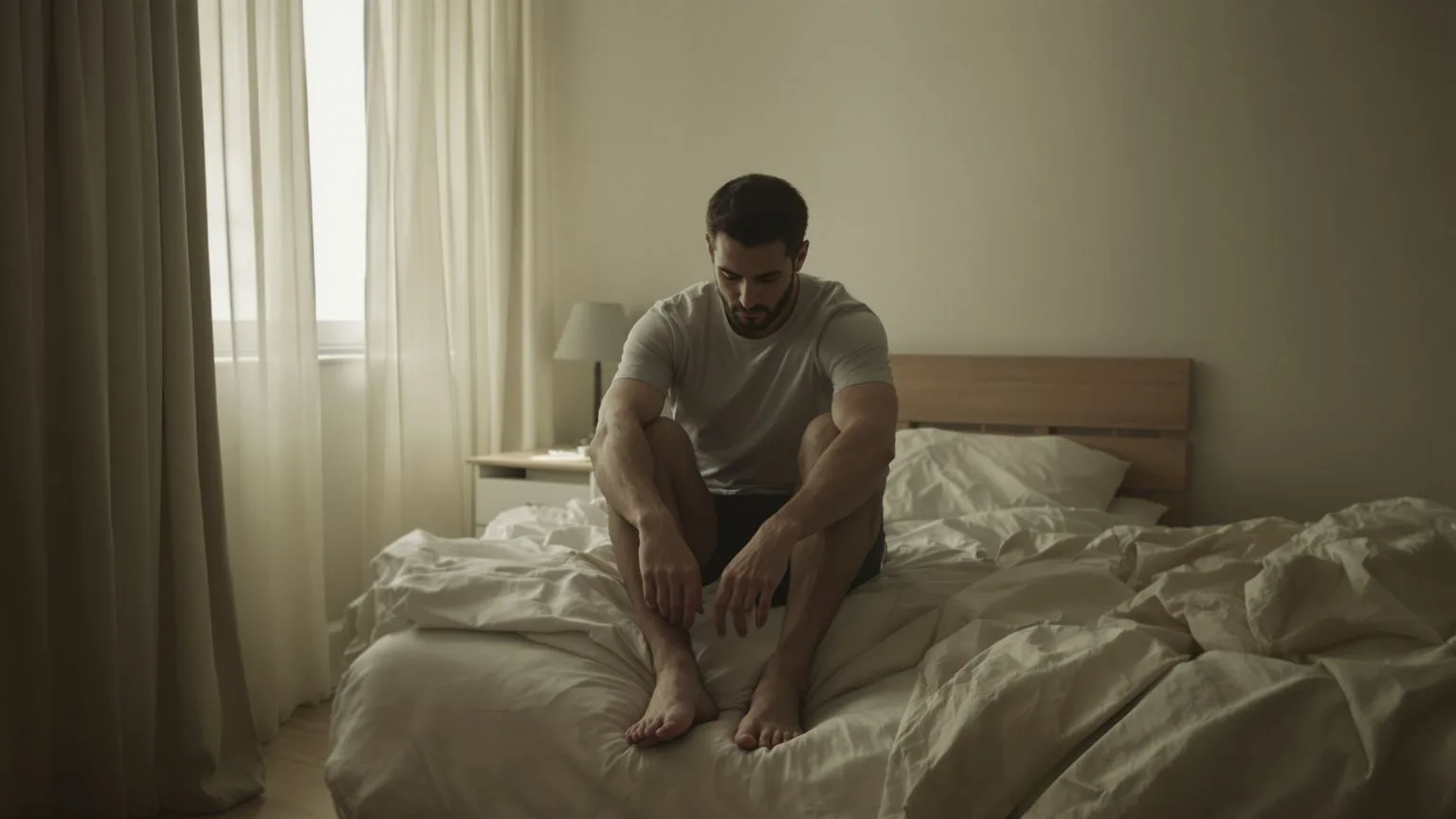 Man sitting on bed edge in dim morning light wondering why do I feel empty all the time