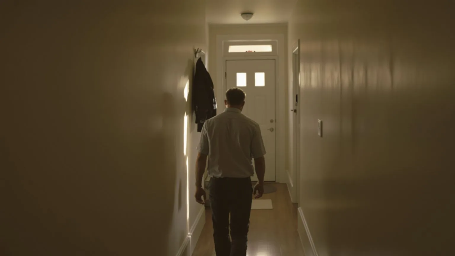 Person walking slowly through hallway in warm light discovering what emptiness is trying to do