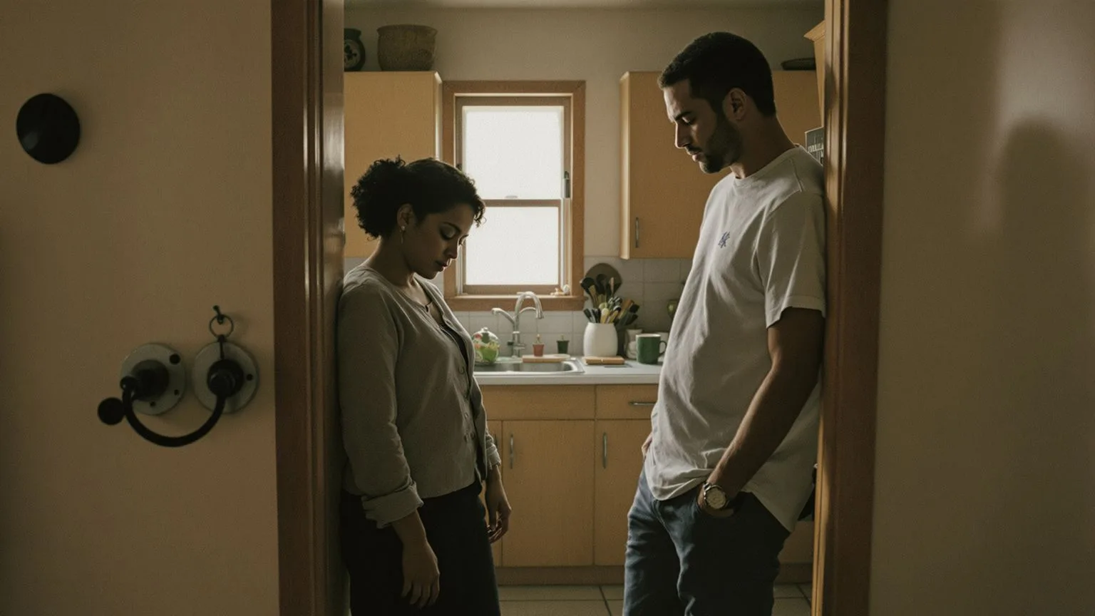 Two people standing quietly in a kitchen doorway illustrating why the emptiness loop keeps repeating