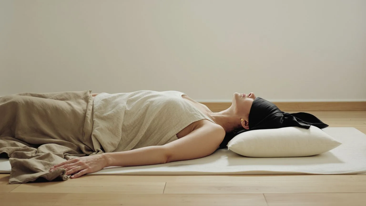 Woman lying on wooden floor in Feeling Session posture when life looks fine but body says otherwise