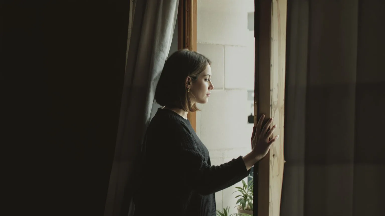 Woman standing at balcony doorway in soft light showing what changes after emptiness starts working