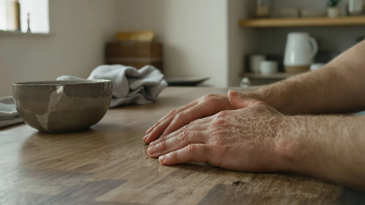 Hands resting on wooden table beside ceramic bowl showing the real reason emotional release keeps happening