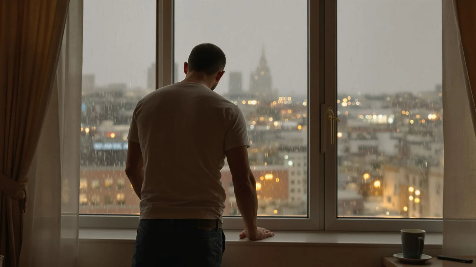 Man standing at rain-streaked window holding his arm during emotional release, dusk light filtering through curtains
