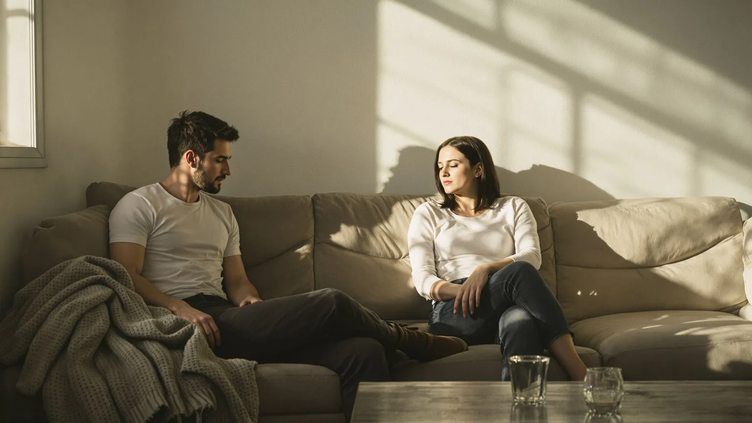 Two people sitting quietly together on a sofa during a 12-minute emotional release practice at home