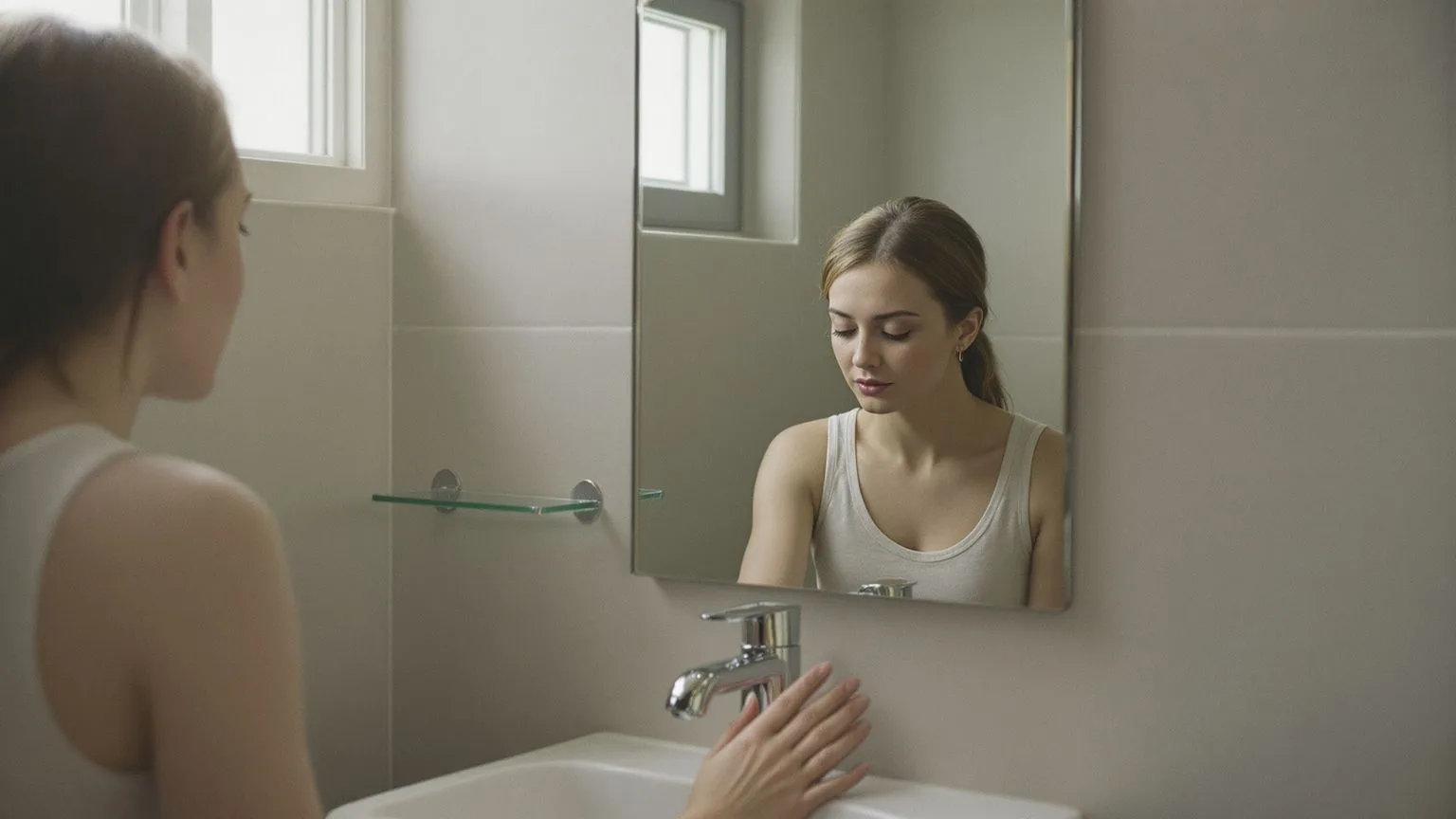 Woman at bathroom mirror with softened chest and breath after emotional release practice showing what changes