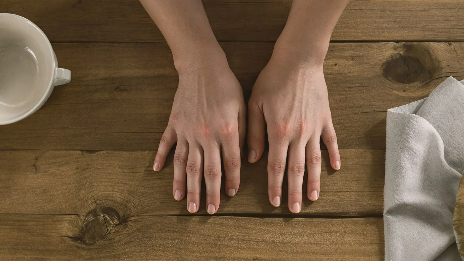 Relaxed hands resting palms down on a wooden kitchen table in soft light, a 12-minute practice for e Relaxed hands resting palms down on a wooden kitchen table in soft light, a 12-minute practice for emotional shutdown