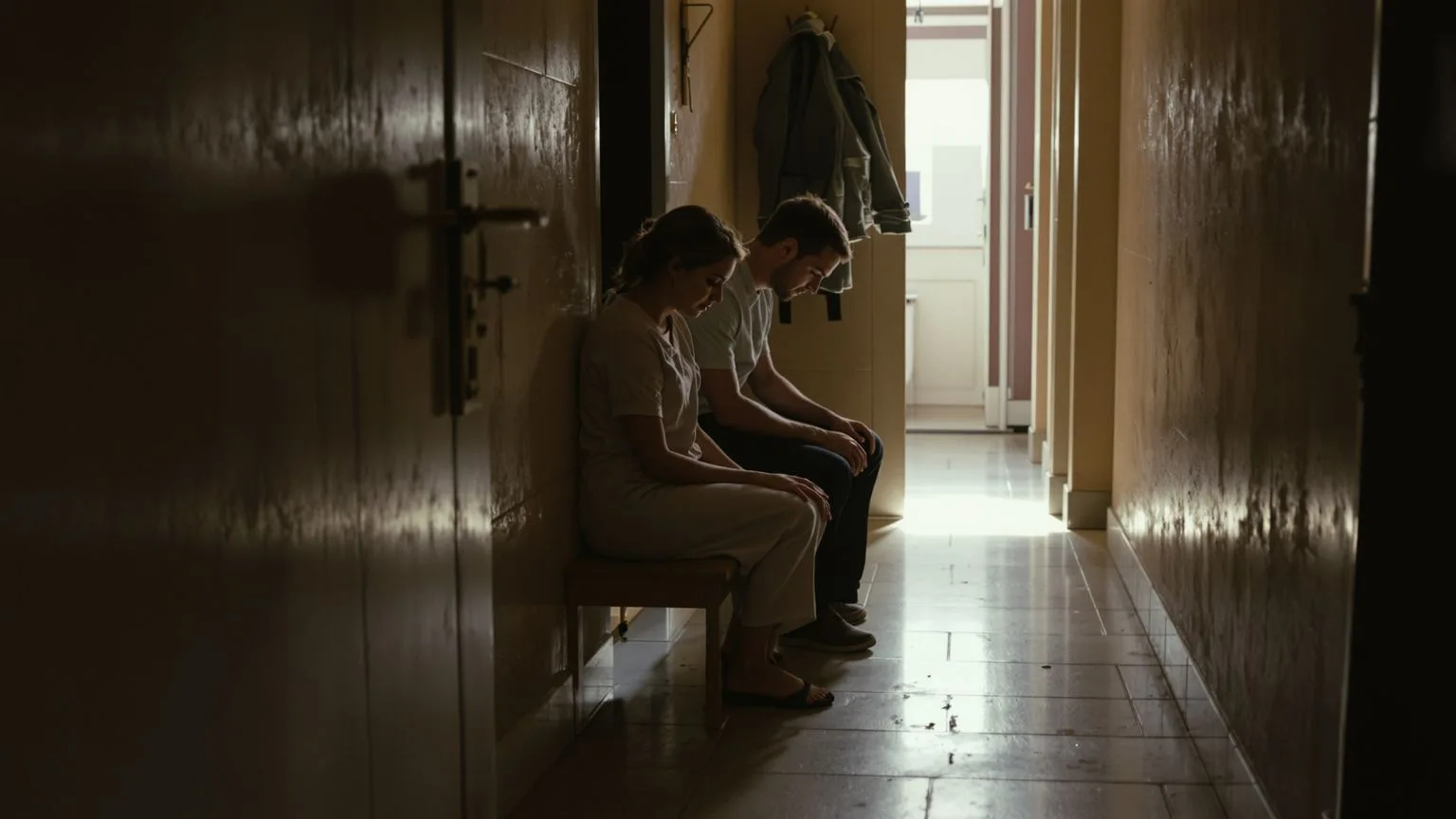 Two people sitting apart on a hallway bench in quiet stillness, showing when your body goes quiet it Two people sitting apart on a hallway bench in quiet stillness, showing when your body goes quiet it is trying to protect you