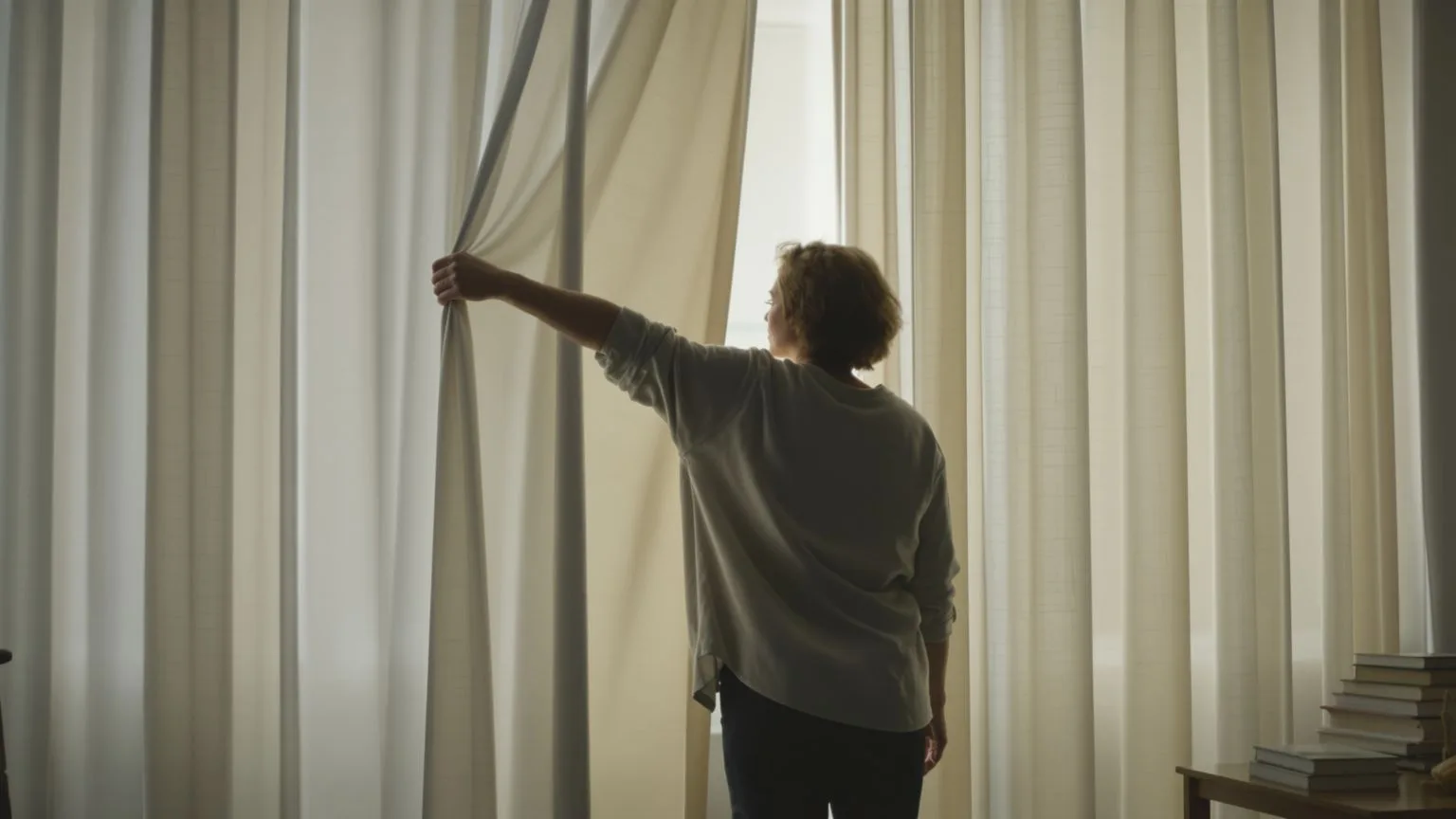 Woman pulling back a curtain to let light into a dim room, showing why insight helps but does not al Woman pulling back a curtain to let light into a dim room, showing why insight helps but does not always unfreeze you