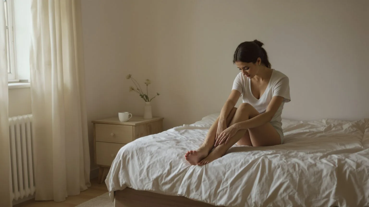 Woman sitting on bed edge with bare feet on wooden floor in dim morning light, showing why do I shut Woman sitting on bed edge with bare feet on wooden floor in dim morning light, showing why do I shut down emotionally