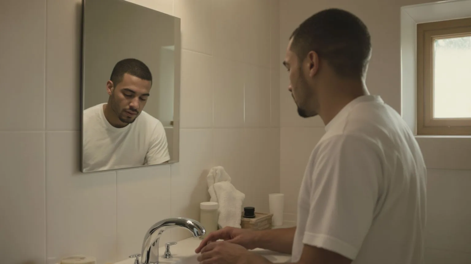 Man at bathroom sink looking down while reflection shows why emotional safety can feel missing with good people