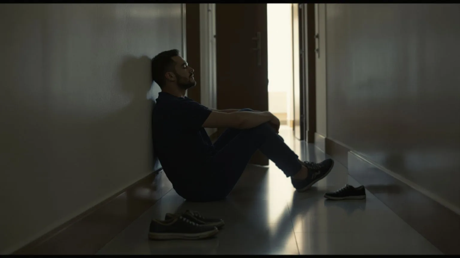Man sitting on hallway floor with eyes closed in a body-first practice when words won't come
