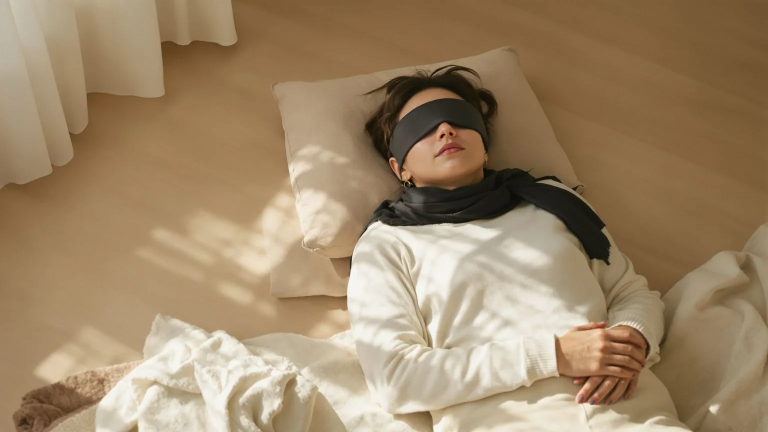 Woman lying on wooden floor with eyes covered and palms down in Feeling Session posture for emotional safety
