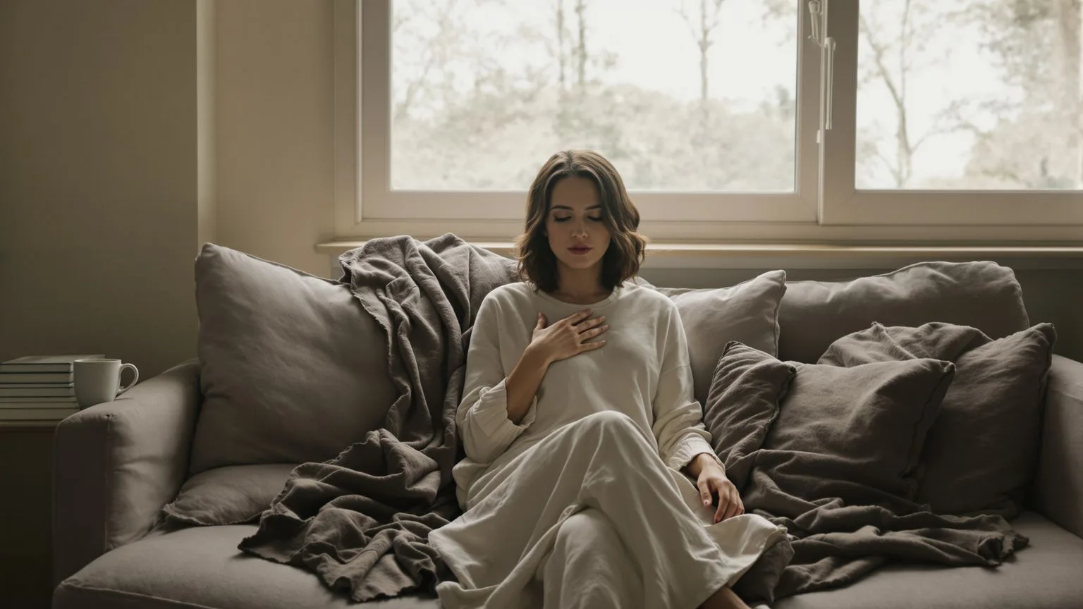Woman sitting on linen sofa with hand on chest learning how to create emotional safety in quiet morning light