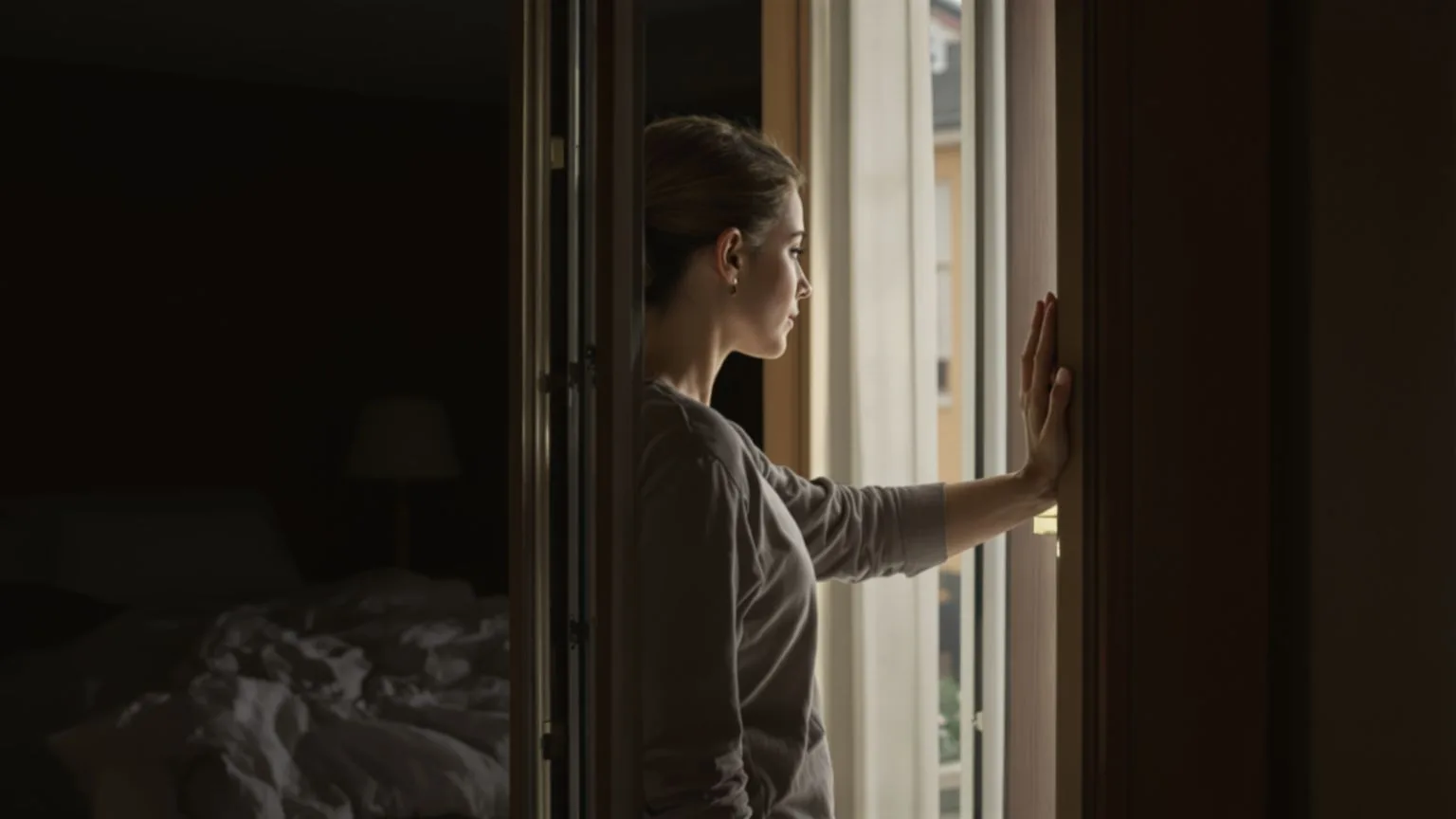 Woman standing at open balcony door in morning light showing what changes after one honest emotional safety practice