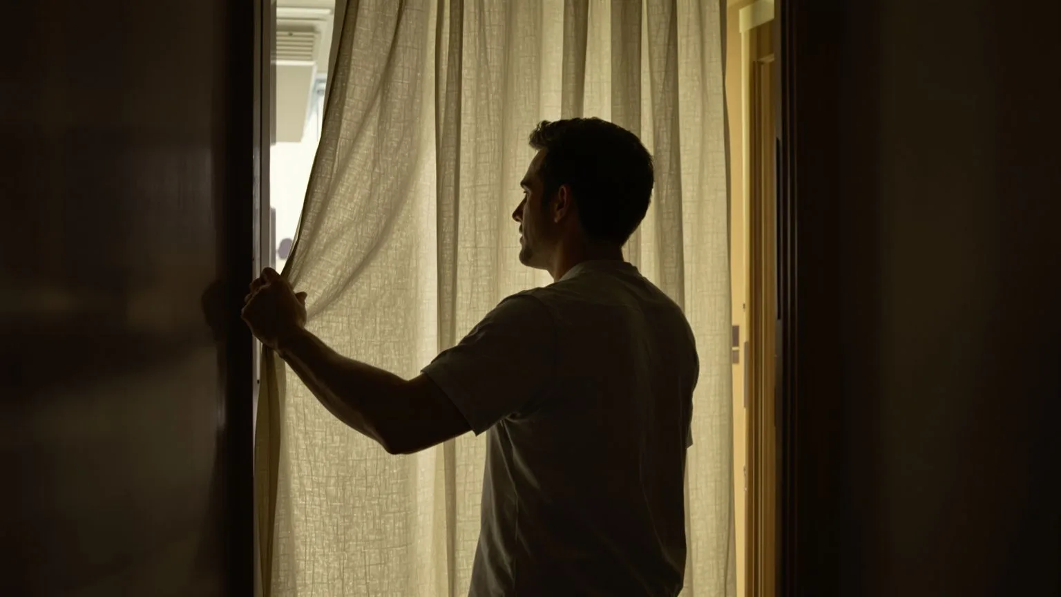 Man pulling back curtain in hallway as daylight streams through showing what changes when you listen first to your body