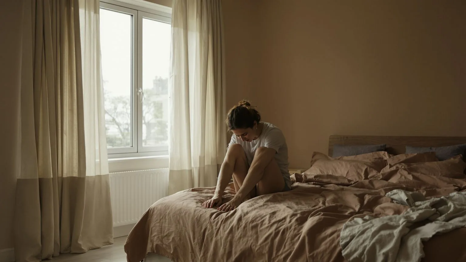 Person sitting on bed edge with bare feet on wooden floor in morning light, body reflecting the challenge of nervous system regulation