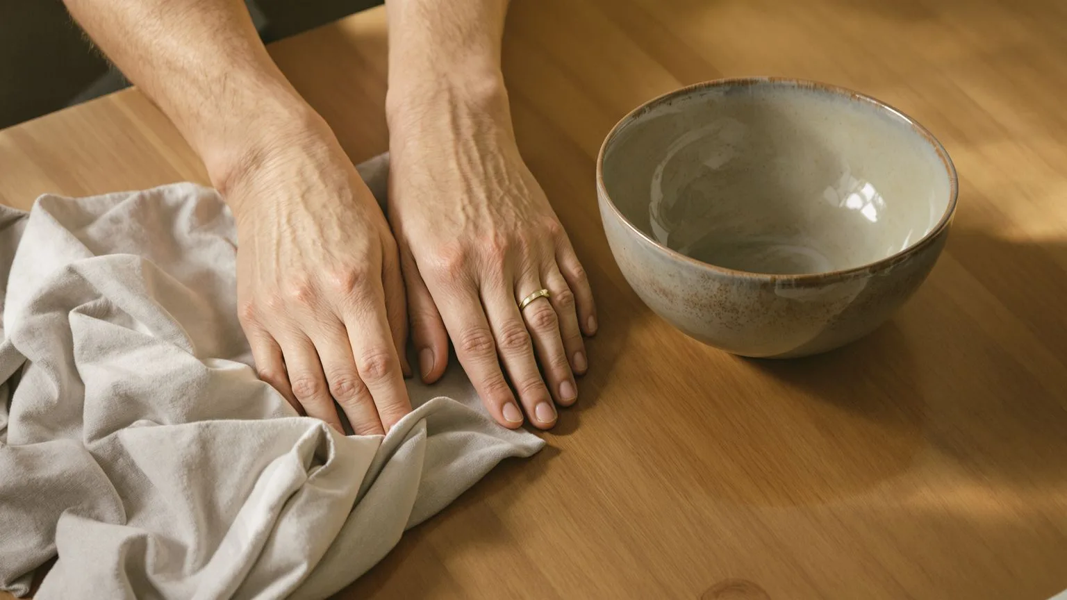 Relaxed hands resting palms down on oak table beside ceramic bowl showing why trying harder can make nervous system regulation harder