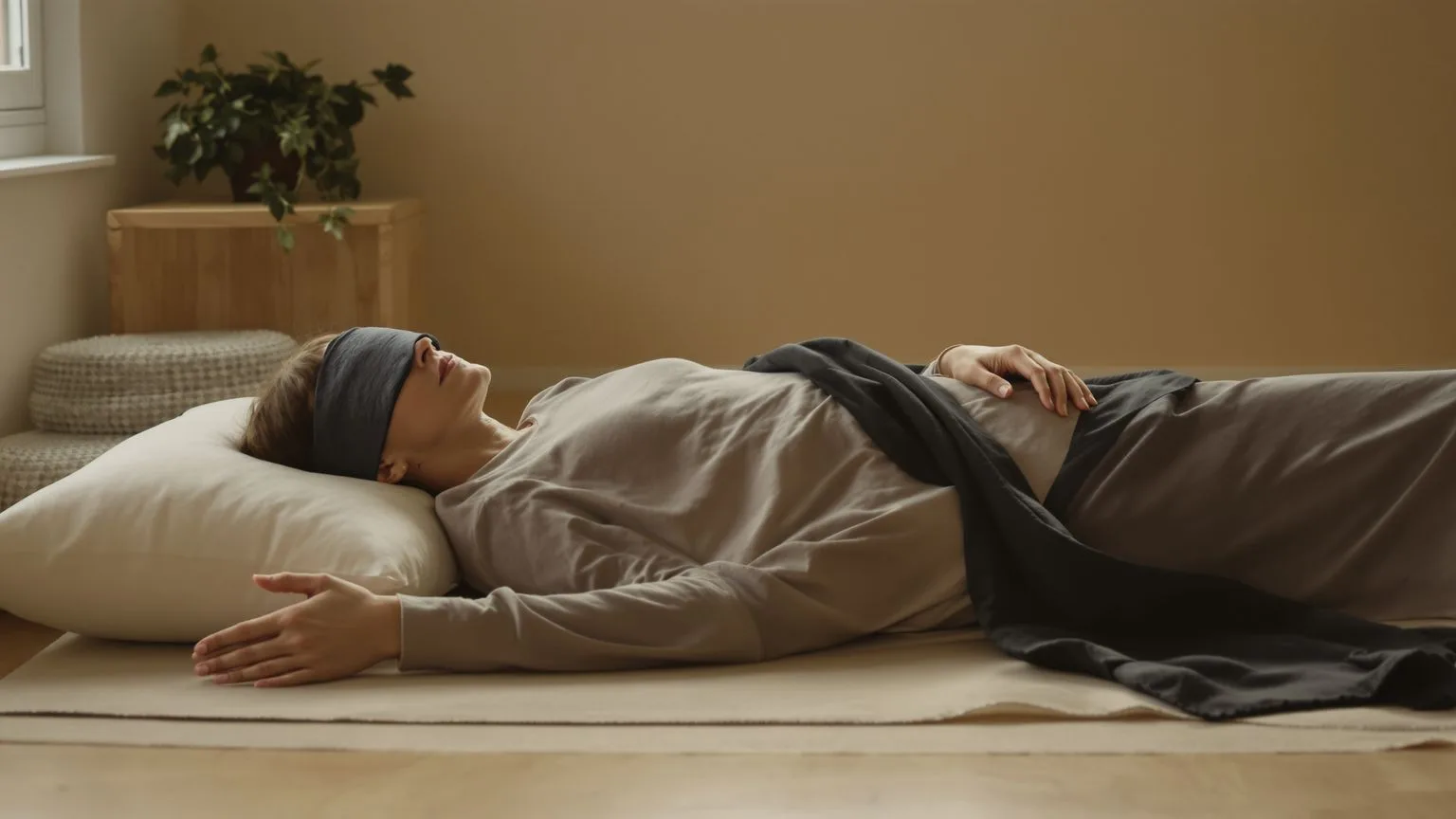 Woman lying on wooden floor in Feeling Session posture for a 10-minute listening practice for nervous system regulation