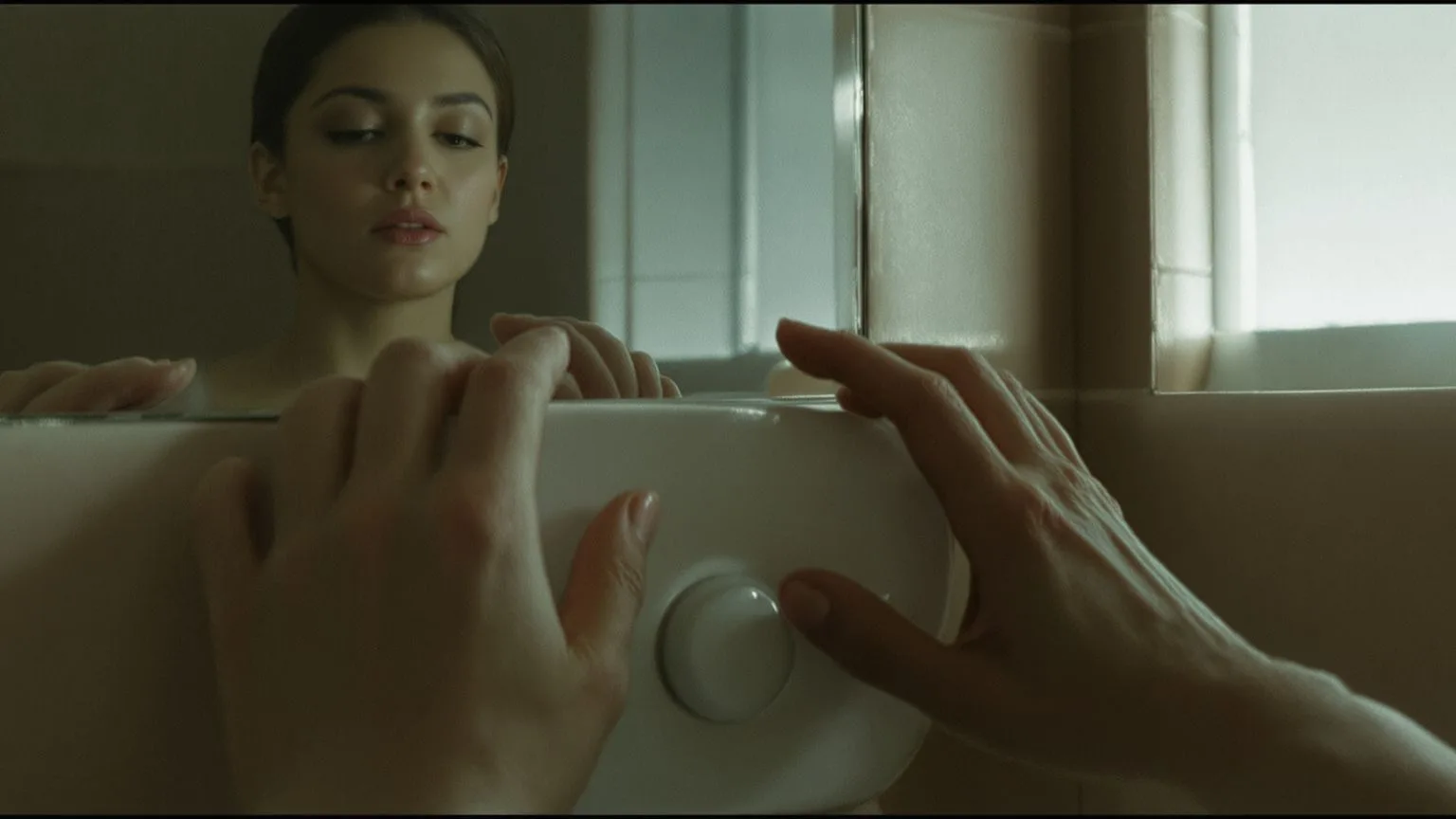 Woman's tensed hands gripping bathroom sink edge with blurred mirror reflection showing fight flight freeze fawn protective body state